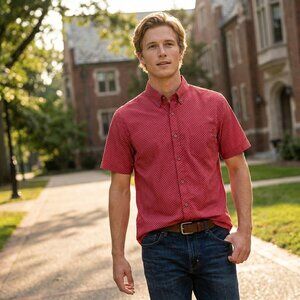 Franky Max Men’s XL Short Sleeve Button Down Red Cotton Print Preppy Y2K